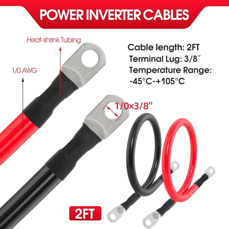 TUELETFU 1/0 AWG Gauge Battery Cable Power Inverter Cables with 3/8 Inch lugs for Solar Marine RV Car Truck Tractor Motorcycle 2pcs (2FT) - Image 2